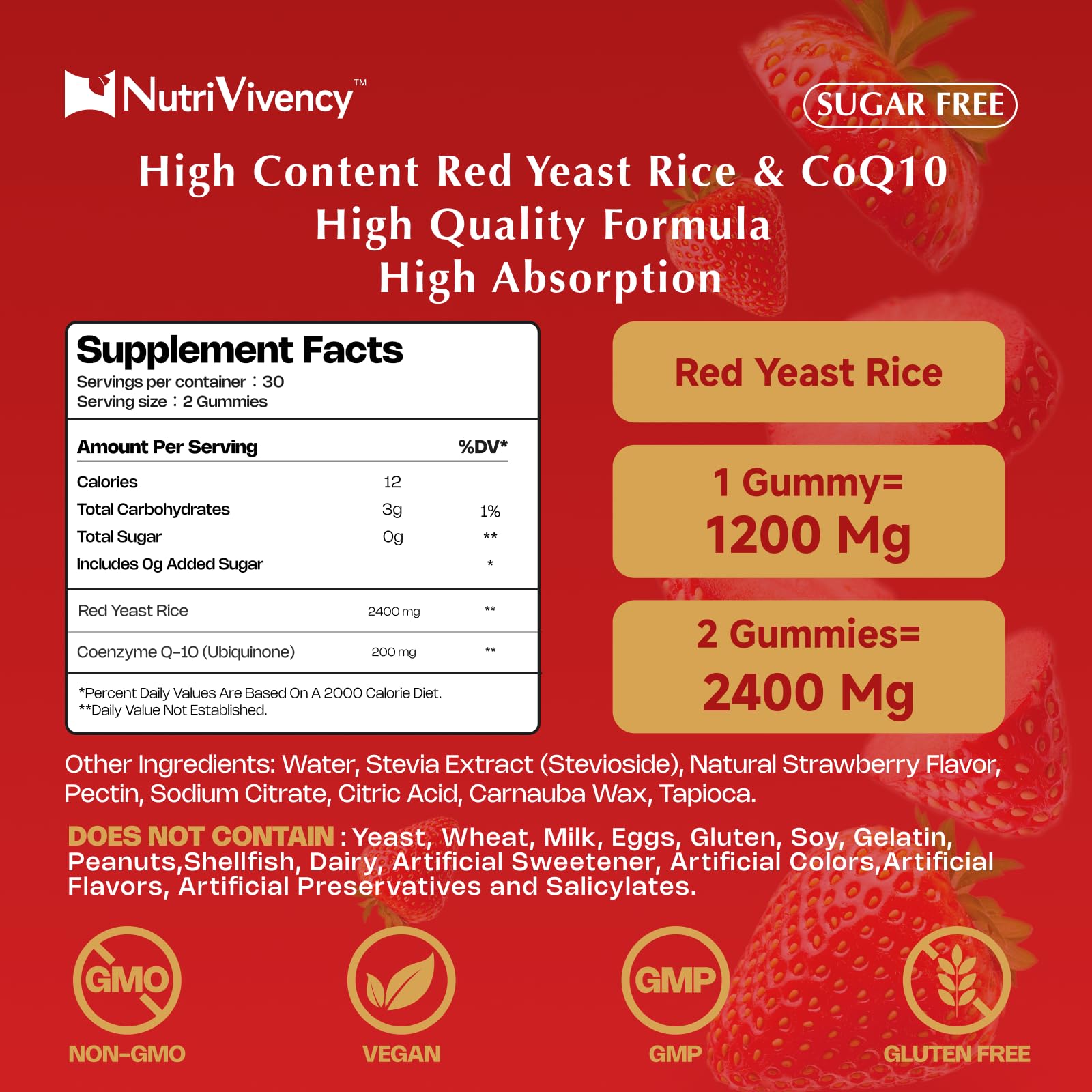 Nutrition label highlighting 2400mg red yeast rice and 200mg CoQ10 per serving