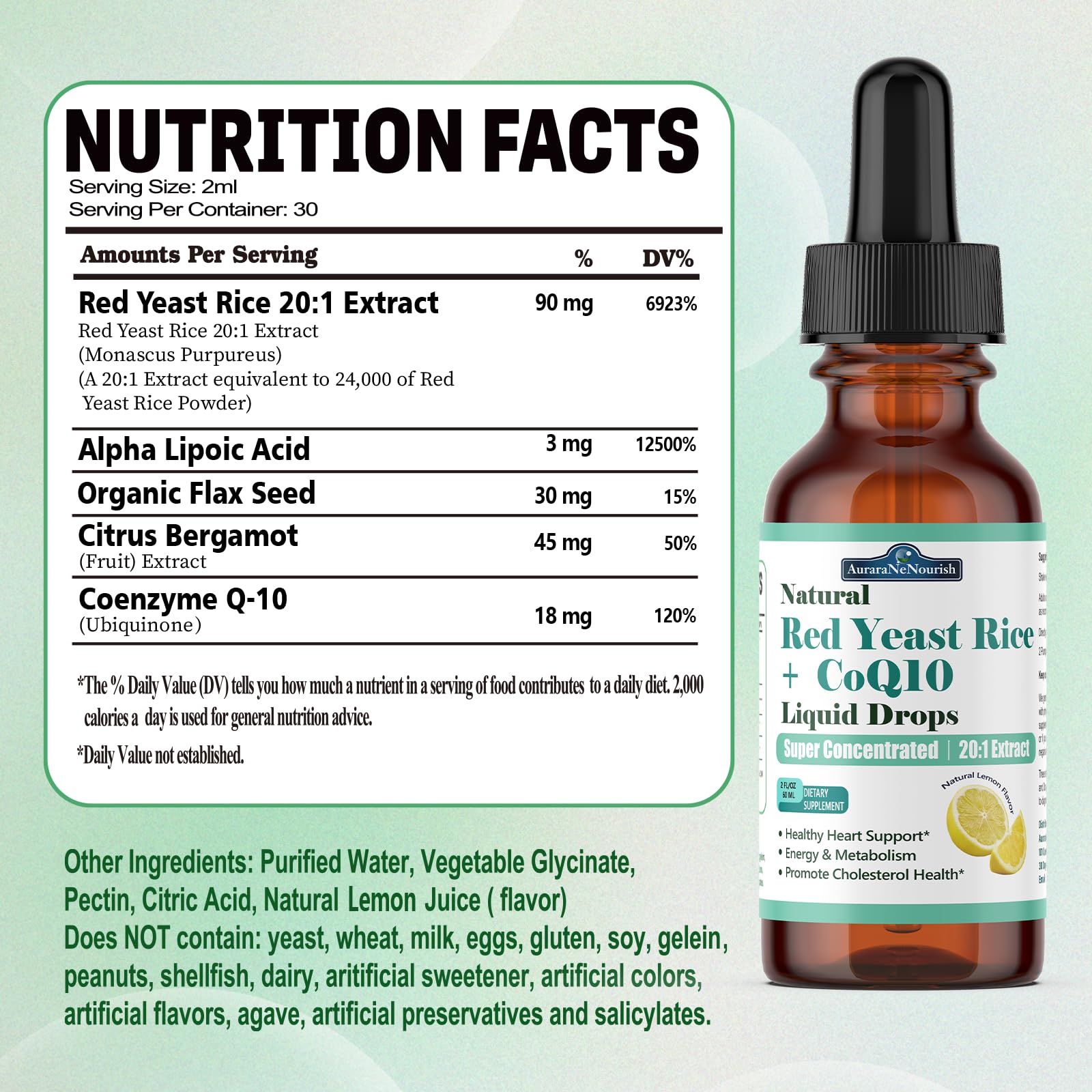 Close-up of bottle with 1200mg Red Yeast Rice and CoQ10 liposomal drops