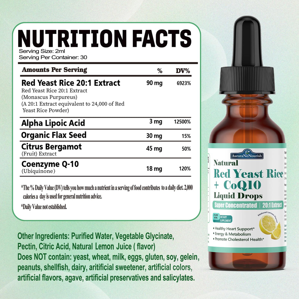 Close-up of bottle with 1200mg Red Yeast Rice and CoQ10 liposomal drops