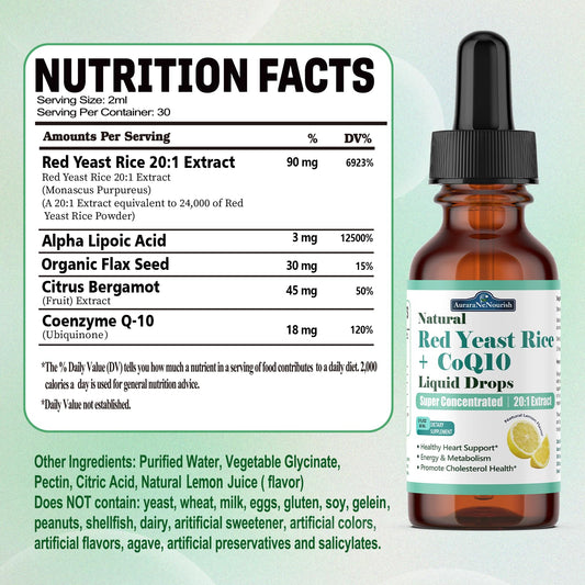 Close-up of bottle with 1200mg Red Yeast Rice and CoQ10 liposomal drops