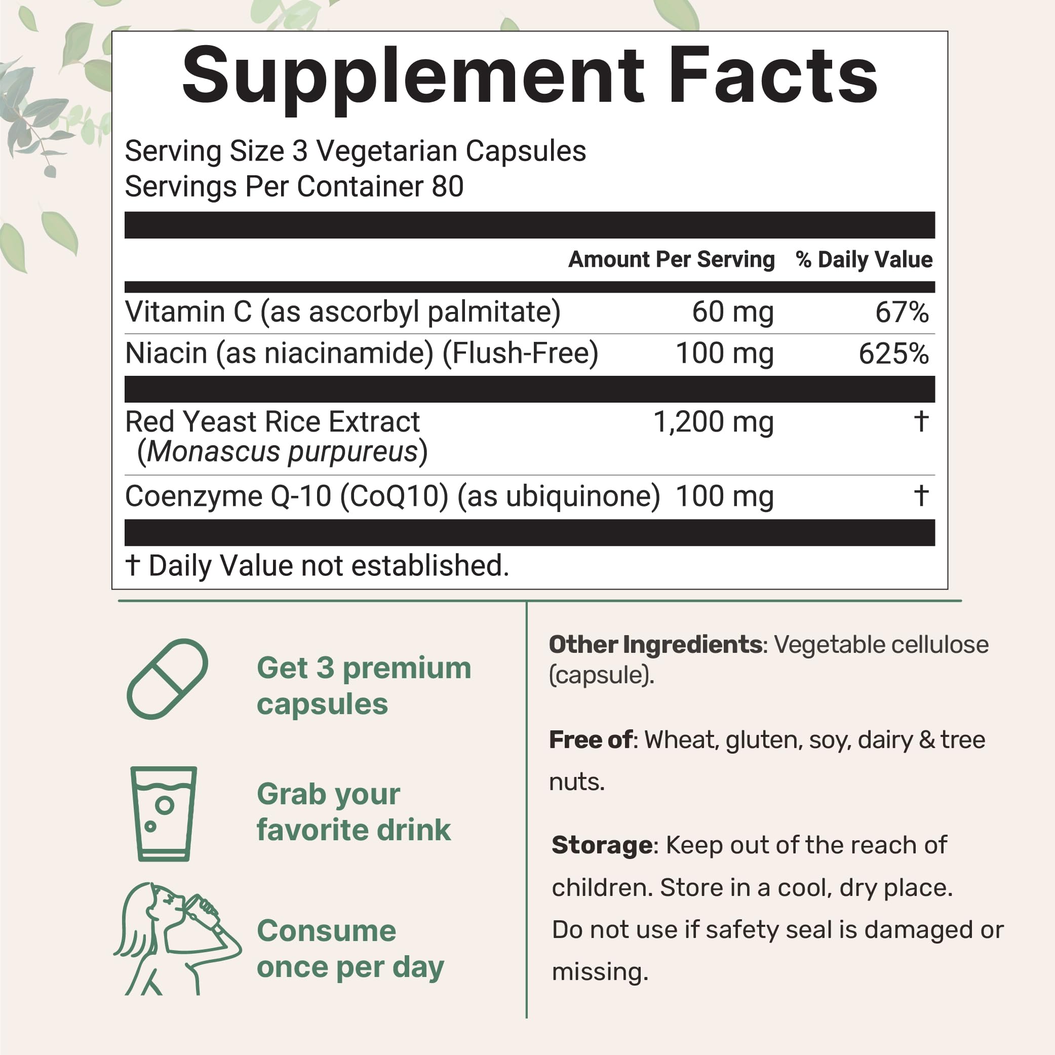 Serving size shown: 3 capsules providing 1,200mg red yeast rice, 100mg CoQ10, 100mg niacin, 60mg vitamin C