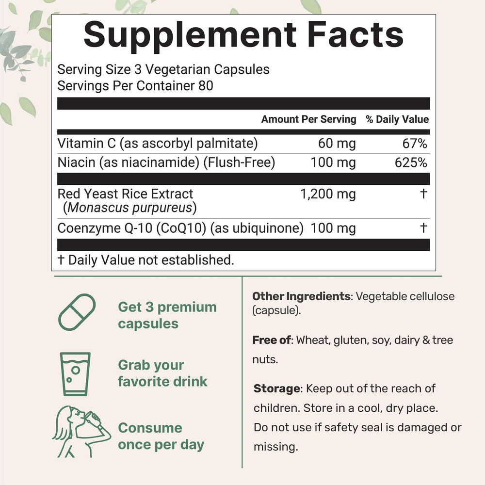 Serving size shown: 3 capsules providing 1,200mg red yeast rice, 100mg CoQ10, 100mg niacin, 60mg vitamin C