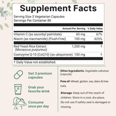 Serving size shown: 3 capsules providing 1,200mg red yeast rice, 100mg CoQ10, 100mg niacin, 60mg vitamin C