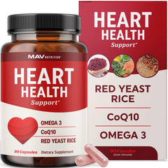 Bottle label showing Red Yeast Rice with CoQ10 and Omega-3, 1200 mg, 90 count