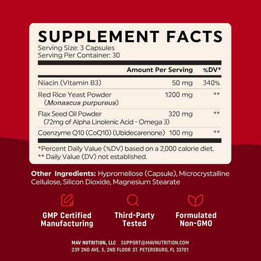 Close-up of Red Yeast Rice with CoQ10 and Omega-3 supplement bottle