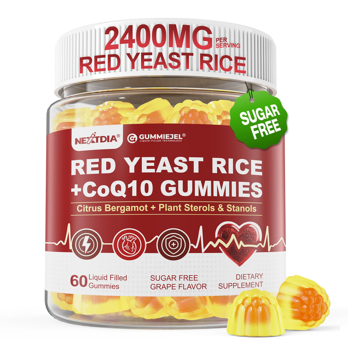 Bottle label for Red Yeast Rice Gummies 2400mg CoQ10 – 60 count