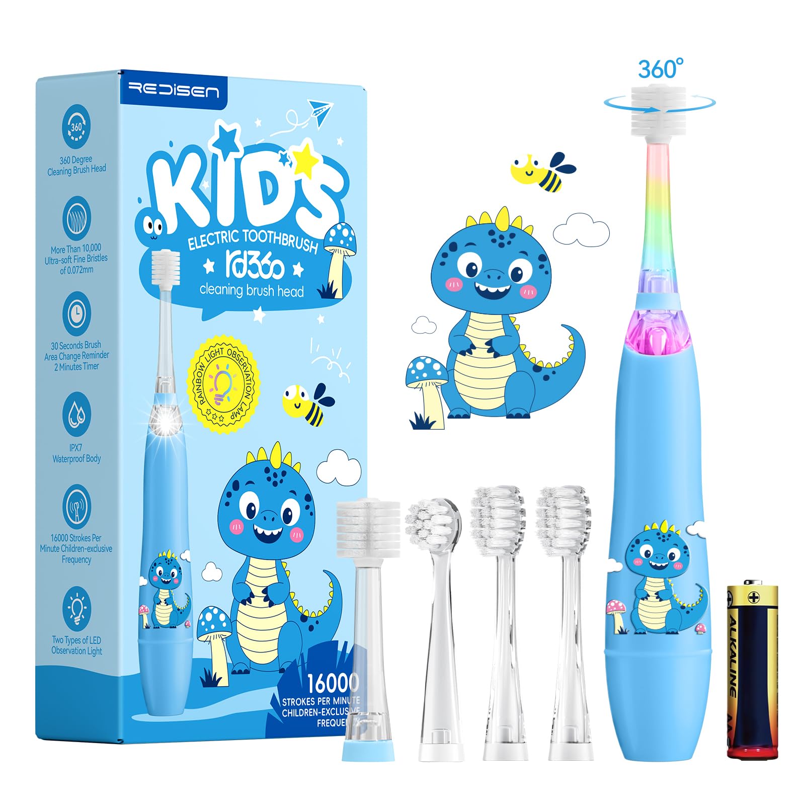 ReDISEN kids electric toothbrush blue dinosaur with easy grip handle
