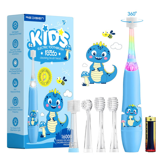 ReDISEN kids electric toothbrush blue dinosaur with easy grip handle