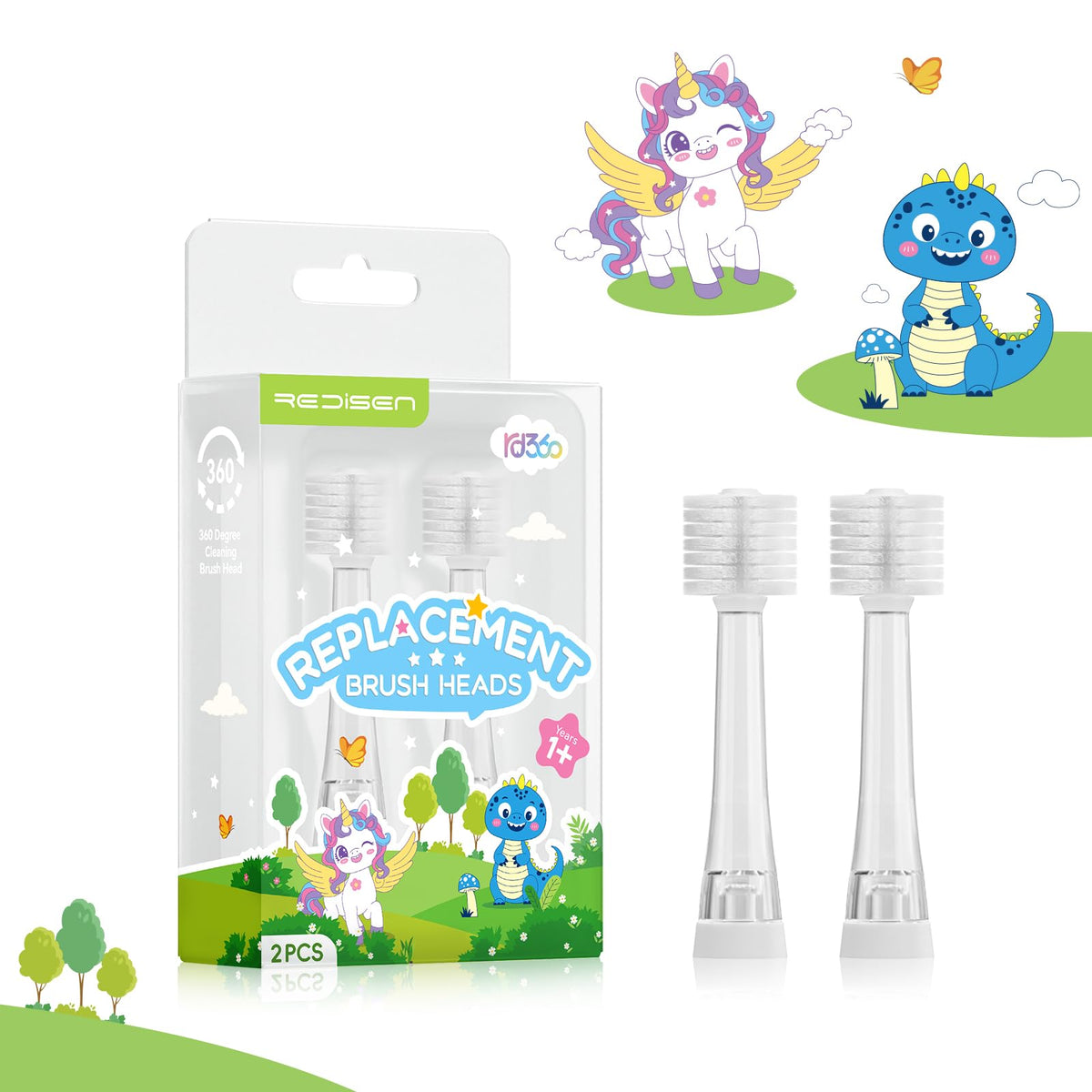 ReDISEN Kids Electric Toothbrush Replacement Heads showing 360-degree cleaning
