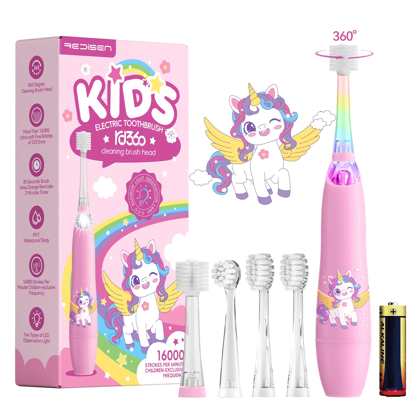 ReDISEN Kids Electric Toothbrush Pink Unicorn front view
