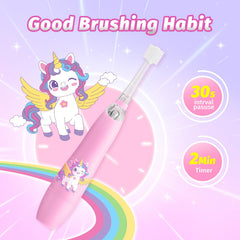 Pink unicorn-themed toddler toothbrush in packaging