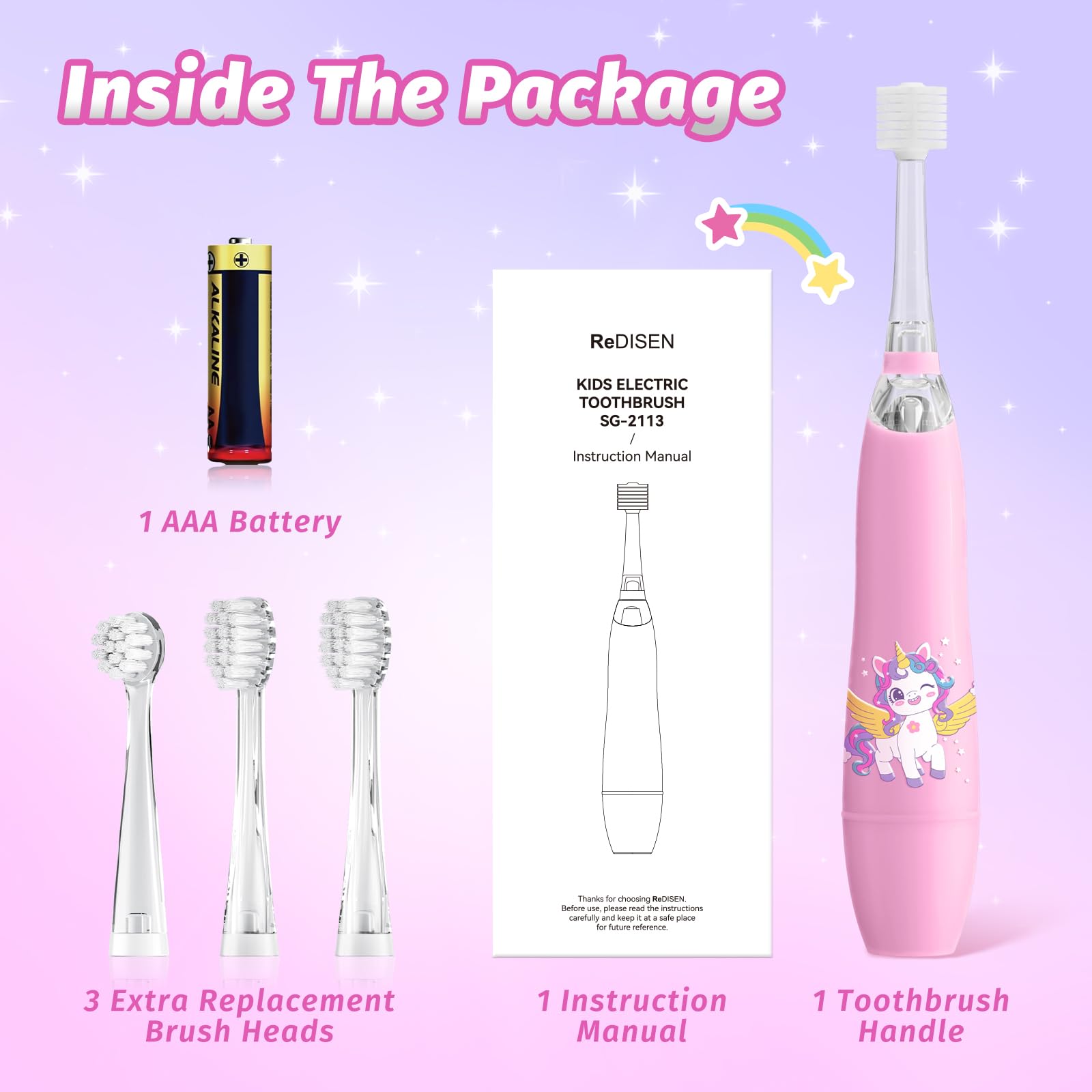 Includes toothbrush handle, four heads, battery, and manual