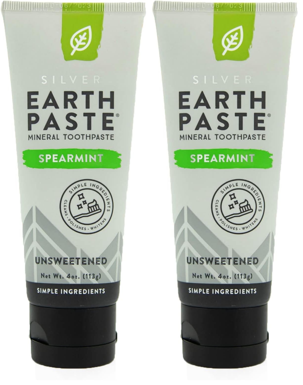 Front view of Redmond Earthpaste with Silver unsweetened spearmint 4 oz tubes in a two-pack
