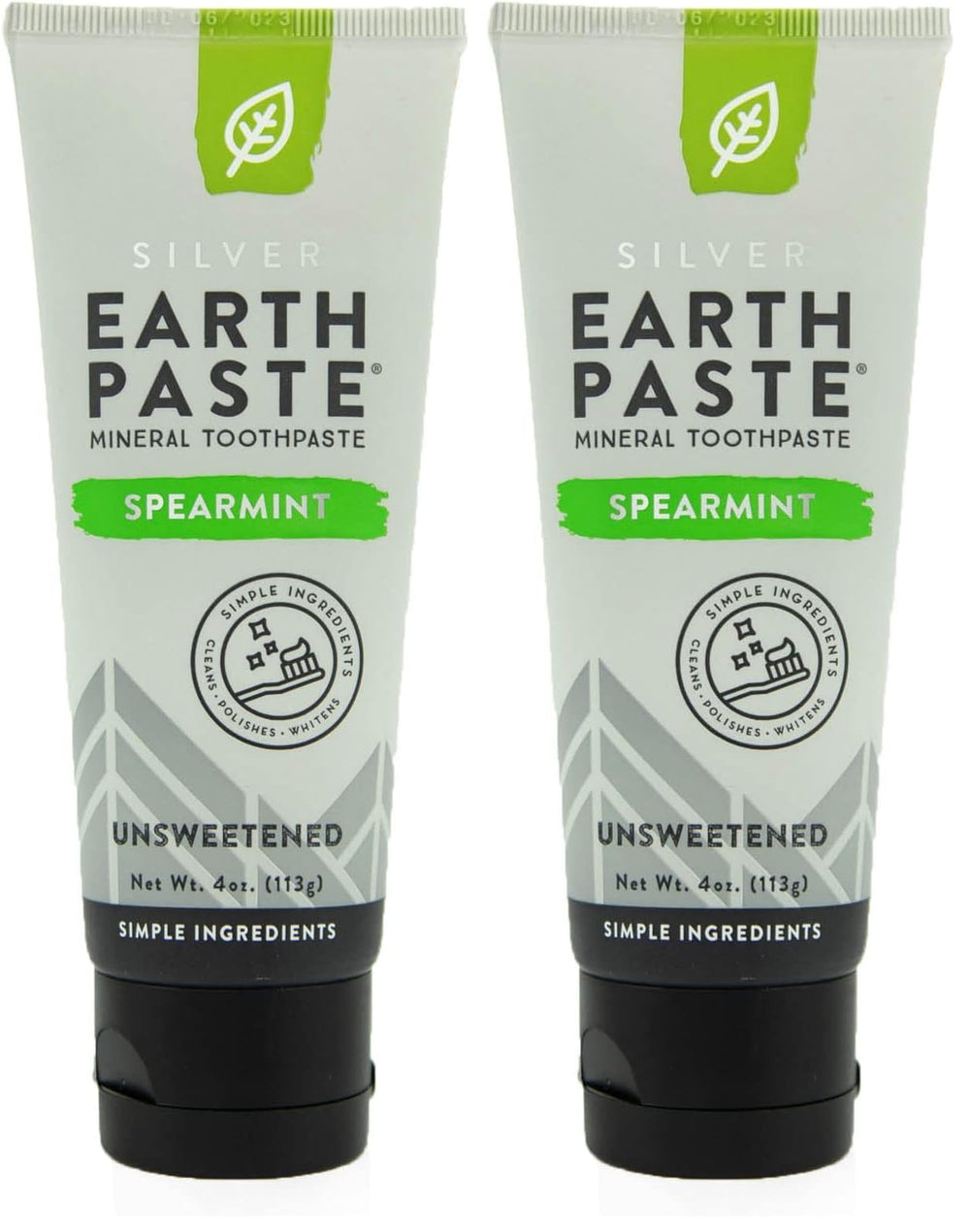 Front view of Redmond Earthpaste with Silver unsweetened spearmint 4 oz tubes in a two-pack