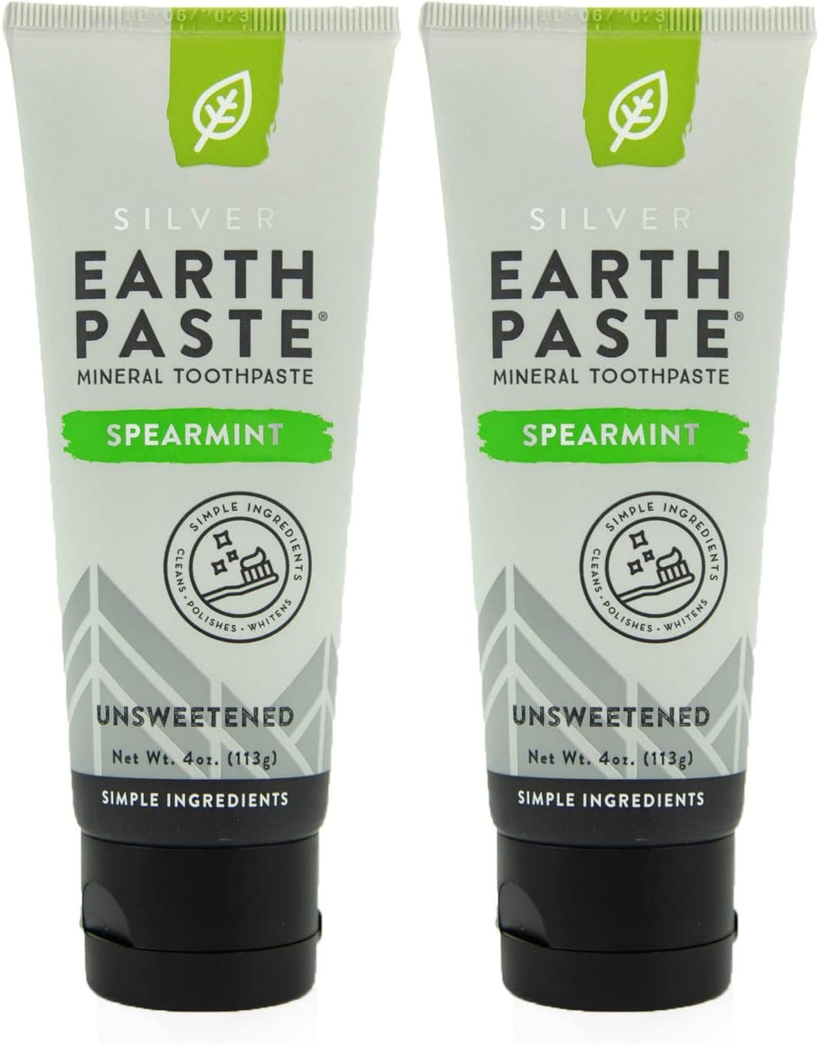 Front view of Redmond Earthpaste with Silver unsweetened spearmint 4 oz tubes in a two-pack
