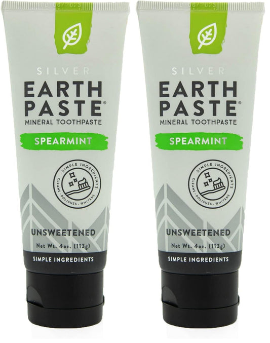 Front view of Redmond Earthpaste with Silver unsweetened spearmint 4 oz tubes in a two-pack