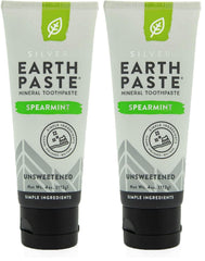 Front view of Redmond Earthpaste with Silver unsweetened spearmint 4 oz tubes in a two-pack