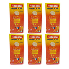 Front view of Redoxon Orange Vitamin C with Zinc 20-count tablets in a six-pack