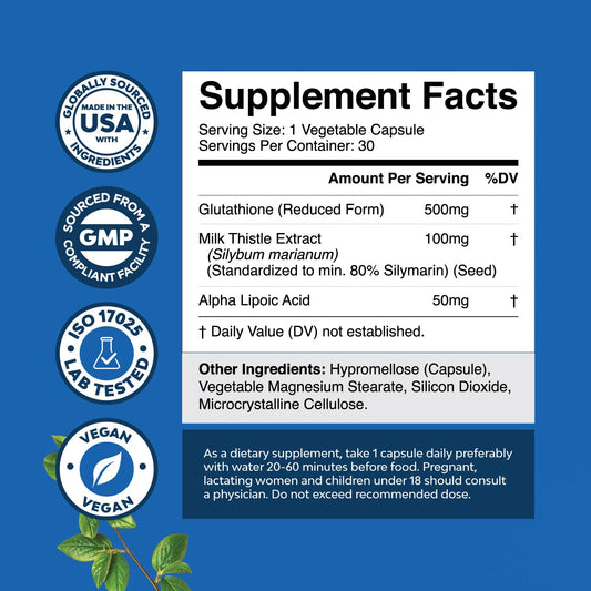 Front label of glutathione supplement showing 500 mg with milk thistle and ALA