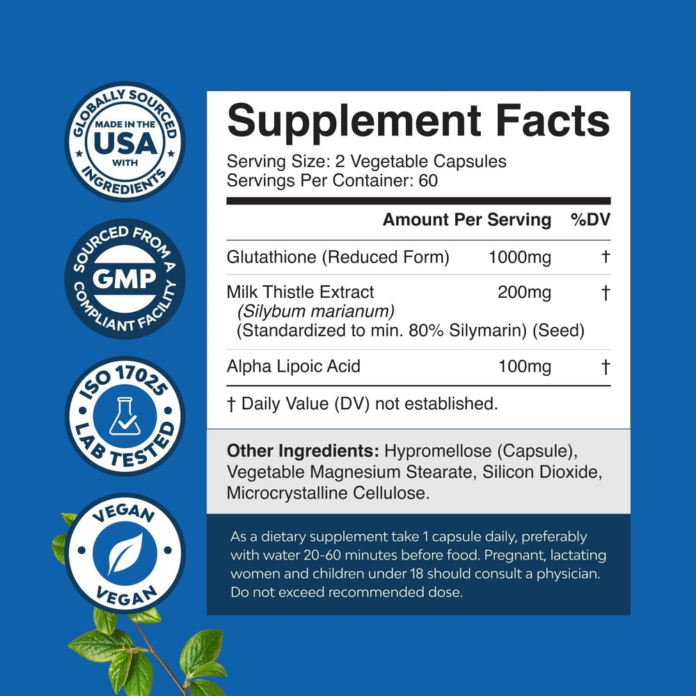 Close-up of Glutathione 1000mg capsules with Milk Thistle label