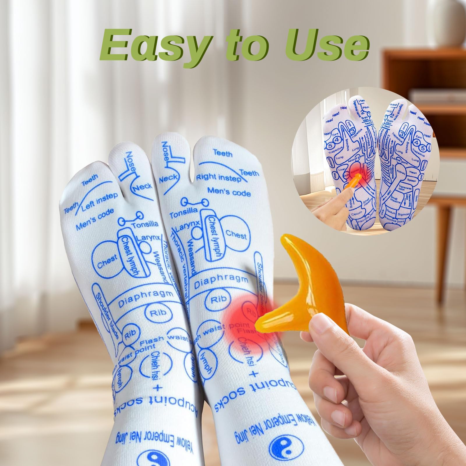 Product shot of reflexology socks being worn for relaxation