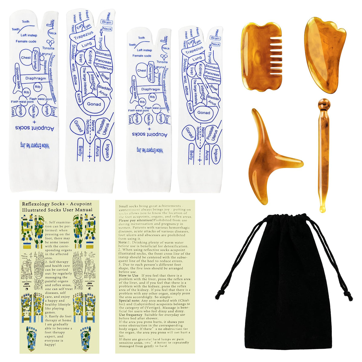 Reflexology socks with integrated resin acupressure tools laid flat