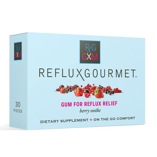 Reflux Gourmet Berry Soothe Gum packaging shown for on-the-go relief
