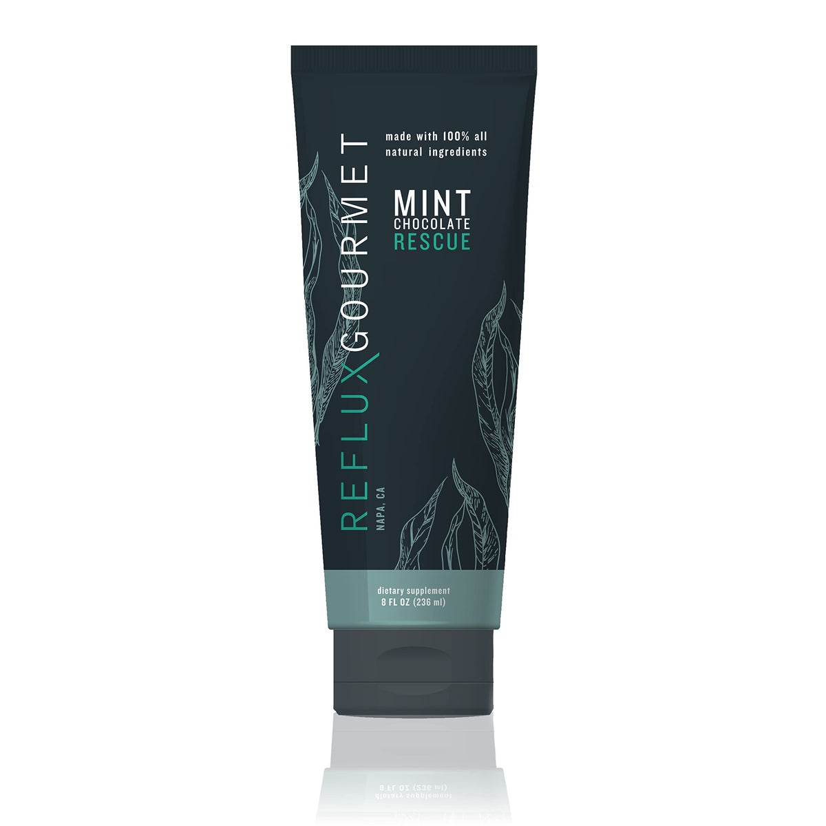 REFLUX GOURMET Mint Chocolate Rescue bottle ready for after-meal relief.