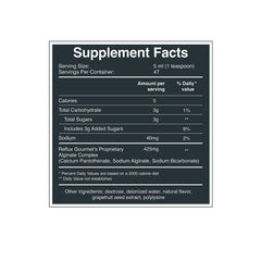 Close-up of REFLUX GOURMET Mint Chocolate Rescue label highlighting natural ingredients.