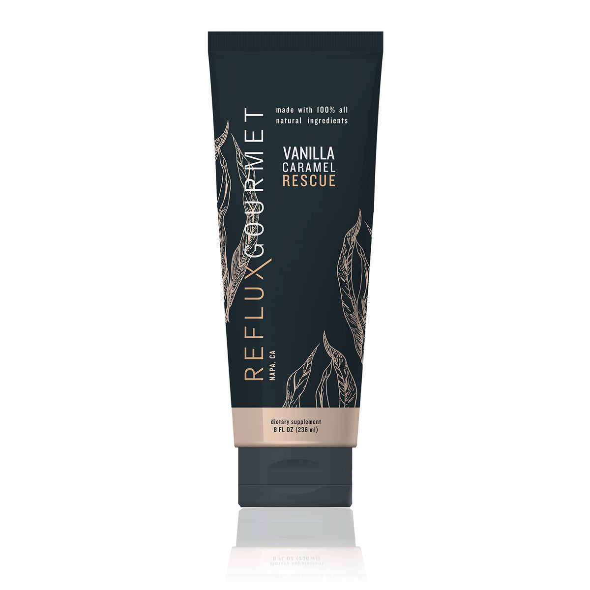 REFLUX GOURMET Vanilla Caramel Rescue bottle shown for post‑meal relief possibilities.