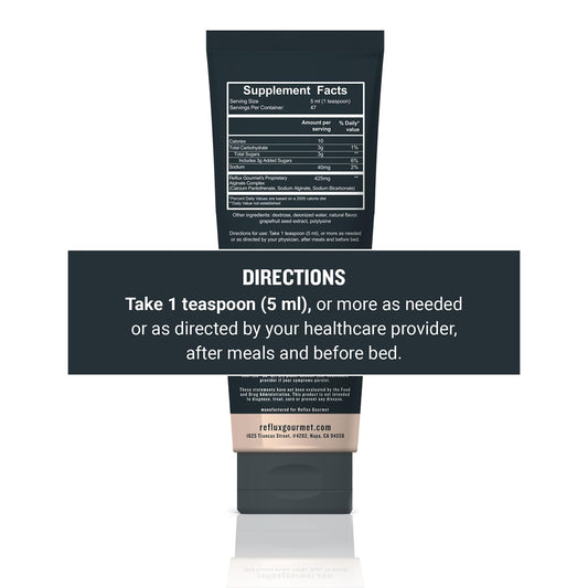 REFLUX GOURMET Vanilla Caramel Rescue teaspoon dosing demonstrates easy after‑meal use.