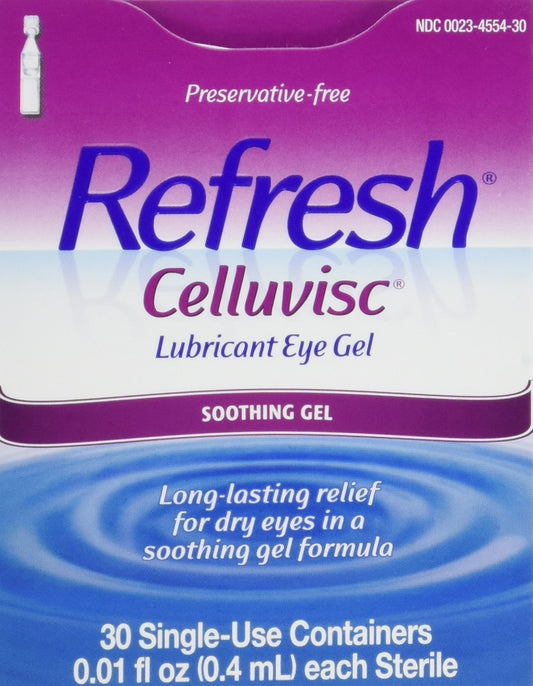 Refresh Celluvisc eye gel front view showing portable single-use relief for dry-eye comfort