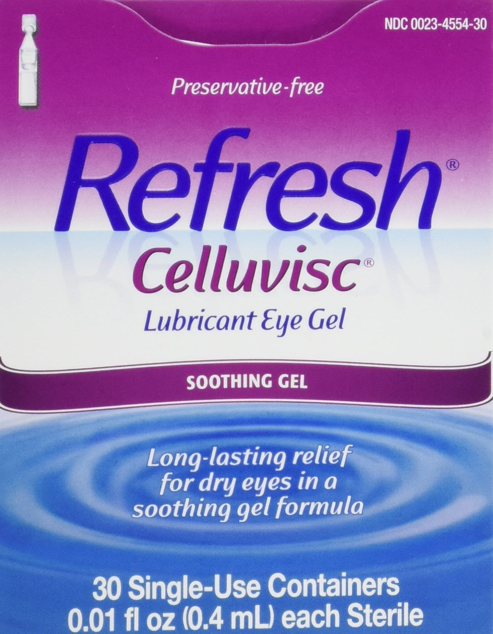 Refresh Celluvisc eye gel front view showing portable single-use relief for dry-eye comfort