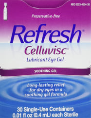 Refresh Celluvisc eye gel front view showing portable single-use relief for dry-eye comfort