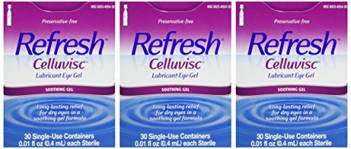 Refresh Celluvisc eye gel packaging image highlighting compact three-pack for travel and daily use