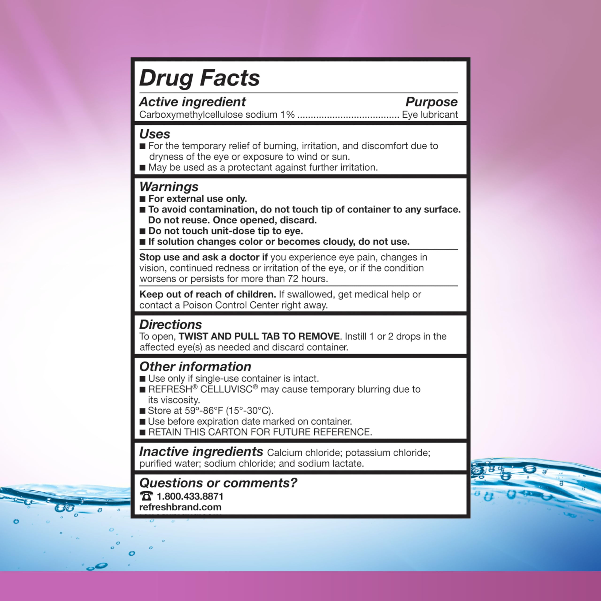 Refresh Celluvisc label detail emphasizes preservative-free formula for sensitive eyes.