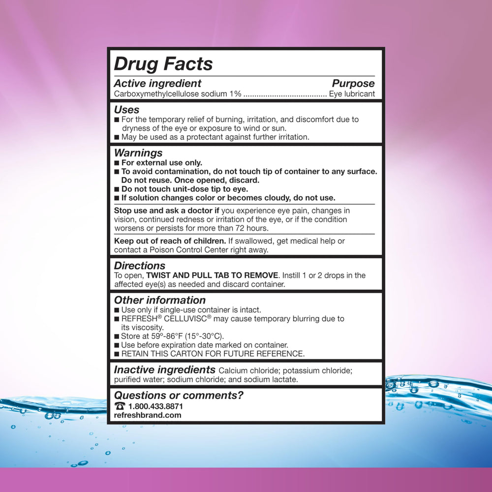 Refresh Celluvisc label detail emphasizes preservative-free formula for sensitive eyes.