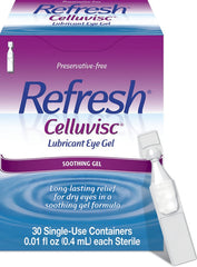 Refresh Celluvisc packaging display highlights preservative-free moisture for sensitive eyes.