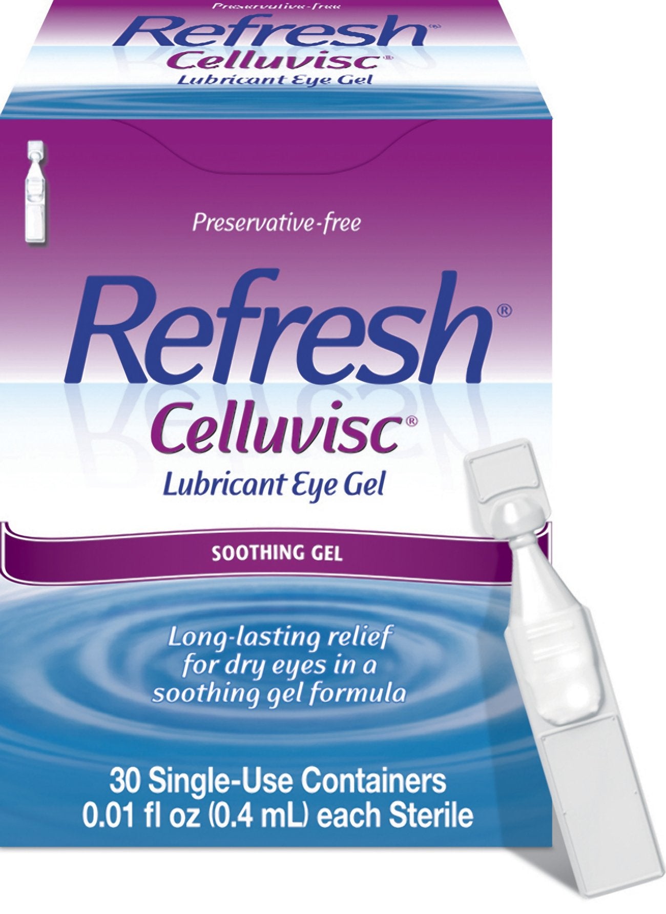 Refresh Celluvisc packaging highlights a preservative-free eye gel for sensitive eyes.