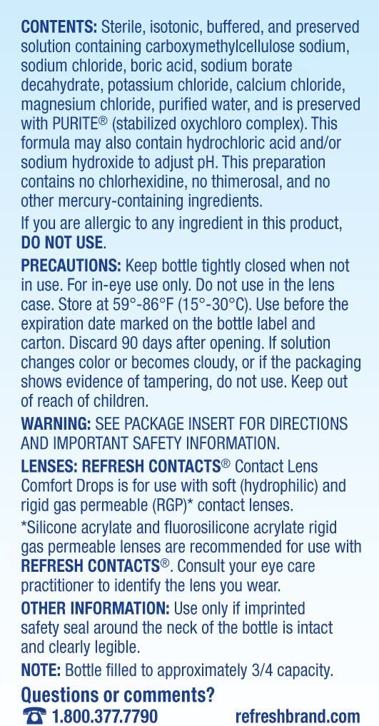 Close-up of Refresh Contacts 0.4 oz sterile bottle