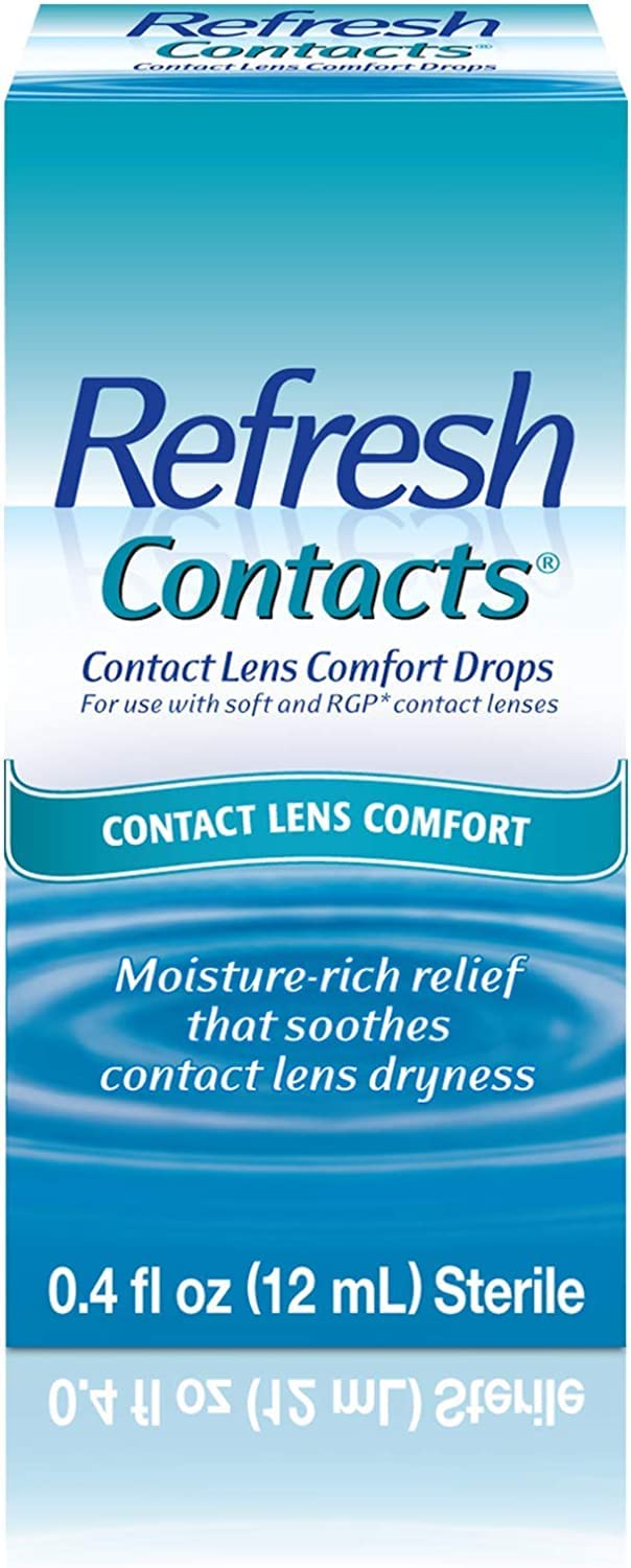 Front view of Refresh Contacts 0.4 oz sterile bottle in a five-pack