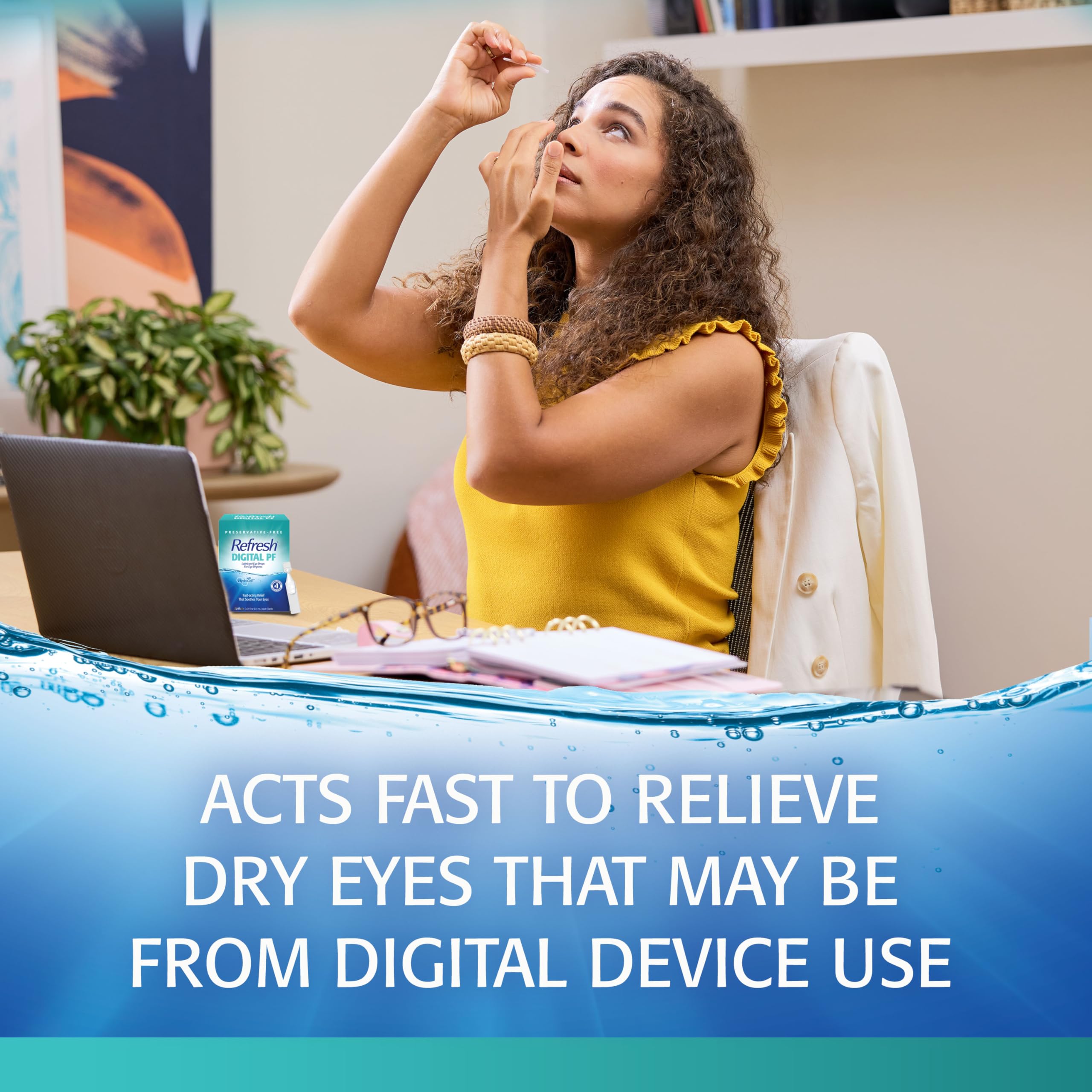 Refresh Digital PF eye drops application scene ready for use during work