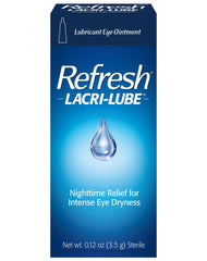 Refresh Lacri-Lube ointment tube closeup showing long-lasting eye lubrication.
