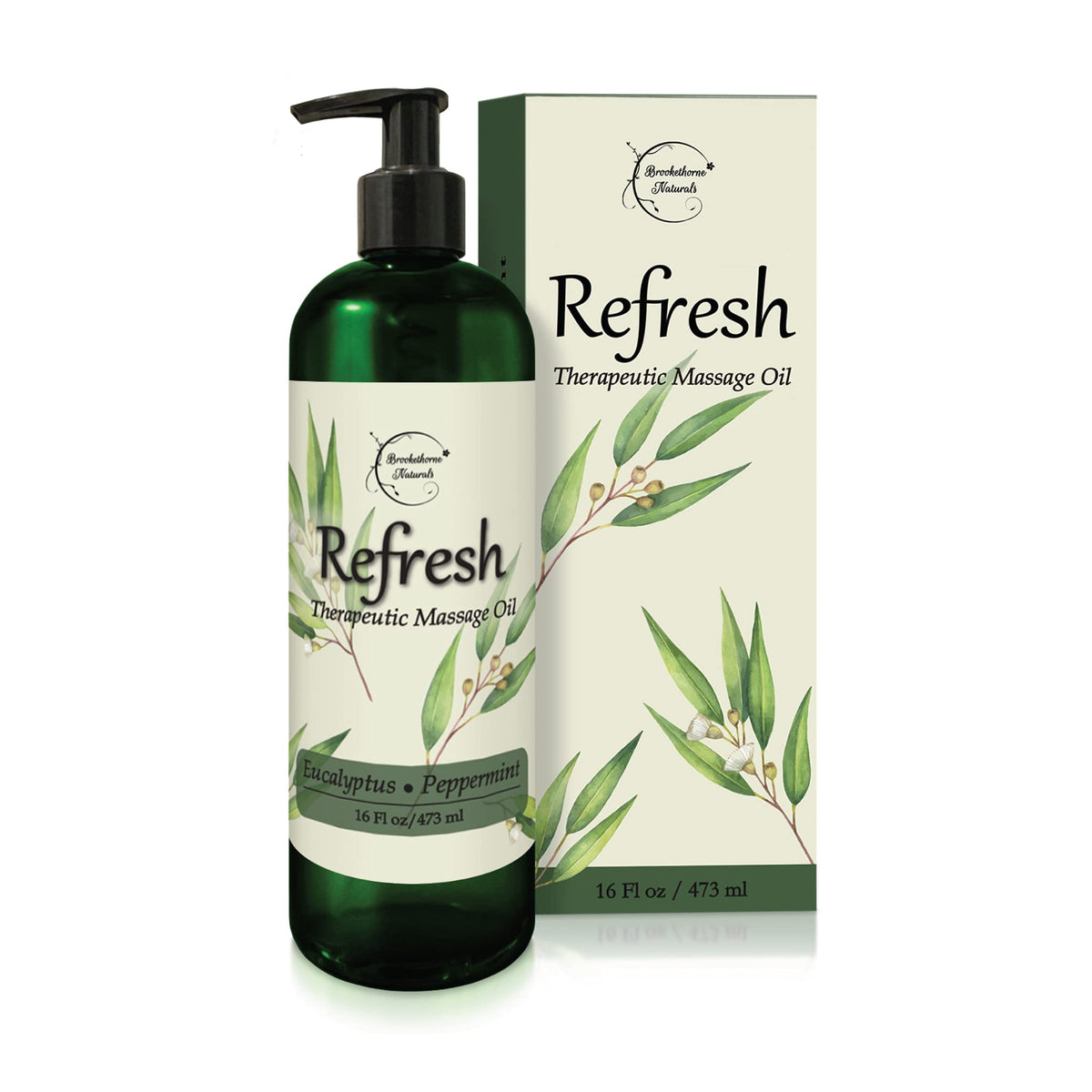 Refresh Massage Oil with eucalyptus and peppermint in a 16oz bottle