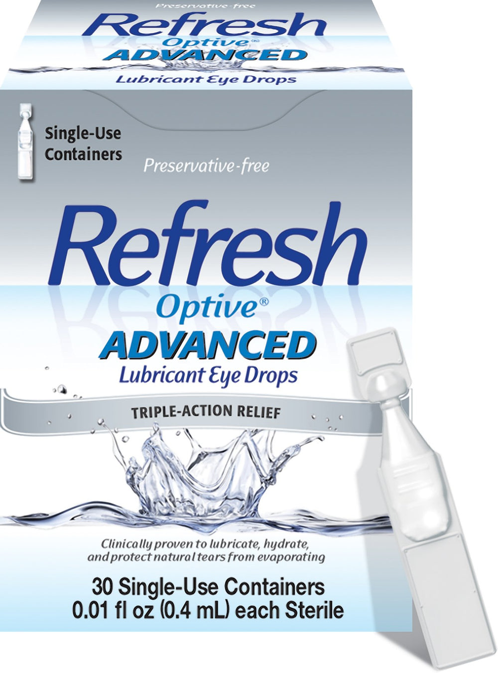 Refresh Optive Advanced bottle pour demonstrates preservative-free lubrication for dry eye relief.