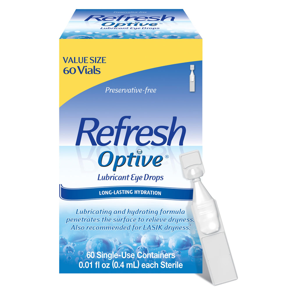 Refresh Optive bottle closeup shows preservative-free hydration for sensitive eyes.