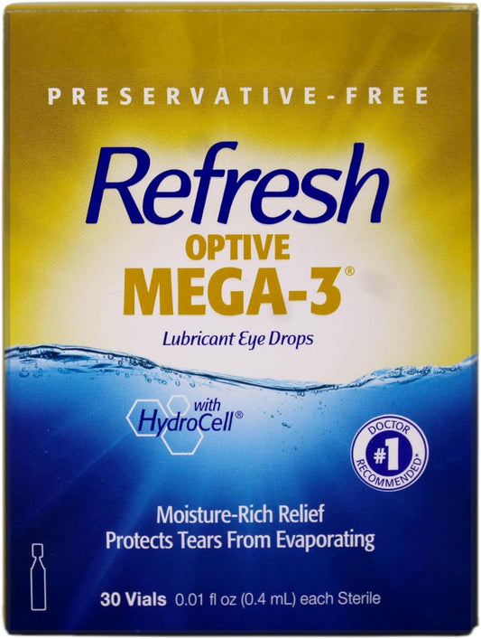 Refresh Optive Mega-3 eye drops in sterile single-use vials for convenient on-the-go relief.