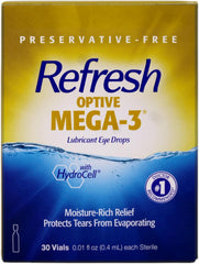 Refresh Optive Mega-3 eye drops in sterile single-use vials for convenient on-the-go relief.