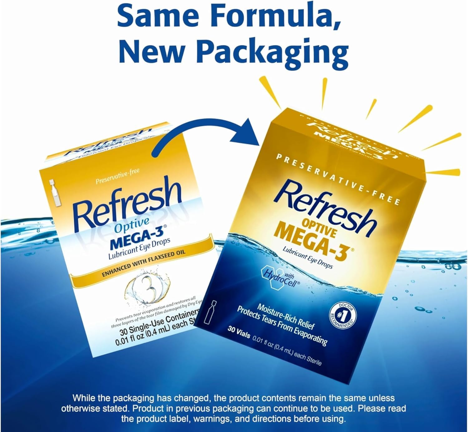 Packaging of Refresh Optive Mega-3 showing sterile vials for preservative-free dry-eye care.