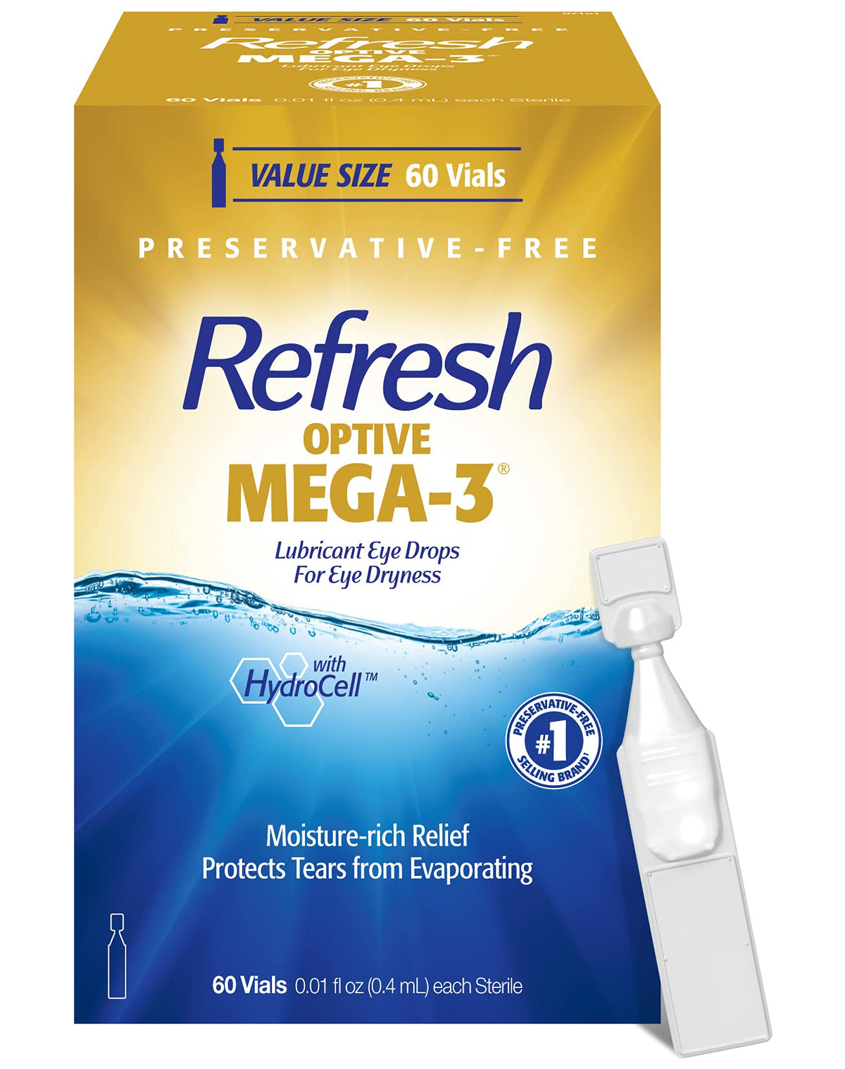 Refresh Optive Mega-3 single-use vials provide quick, preservative-free moisture.